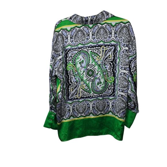 Zara Green Paisley Floral Satin Scarf Button Down Blouse Boho St Patty Day M - Picture 2 of 14